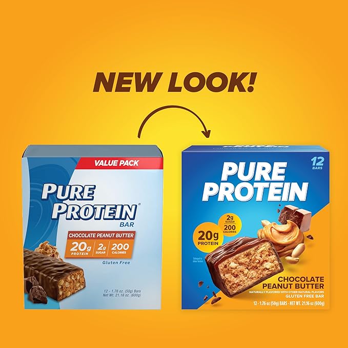 Pure Protein Bars, High Protein, Nutritious Snacks to Support Energy, Low Sugar, Gluten Free, Chocolate Peanut Butter, 1.76oz, 12 Count (Packaging May Vary)