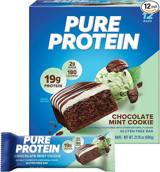 Pure Protein Bars, High Protein, Nutritious Snacks to Support Energy, Low Sugar, Gluten free, Chocolate Mint Cookie,1.76oz, 12 Count (Packaging May Vary)
