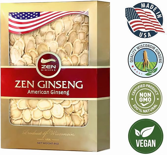 Zen American Wisconsin Ginseng Slices — Improved Energy, Performance, & Mental Health for Men & Women (8oz. Box)