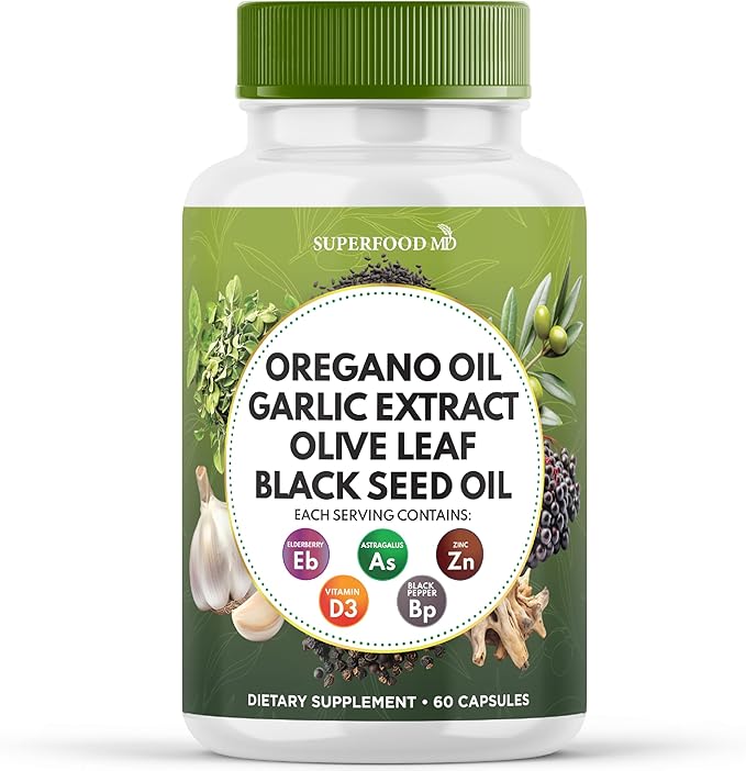Superfood MD Oregano Oil Garlic Extract Olive Leaf Black Seed Oil Astragalus- for Women and Men- 60 Count