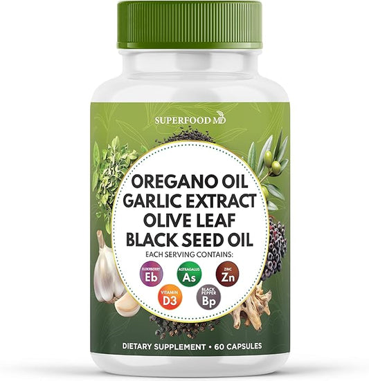 Superfood MD Oregano Oil Garlic Extract Olive Leaf Black Seed Oil Astragalus- for Women and Men- 60 Count