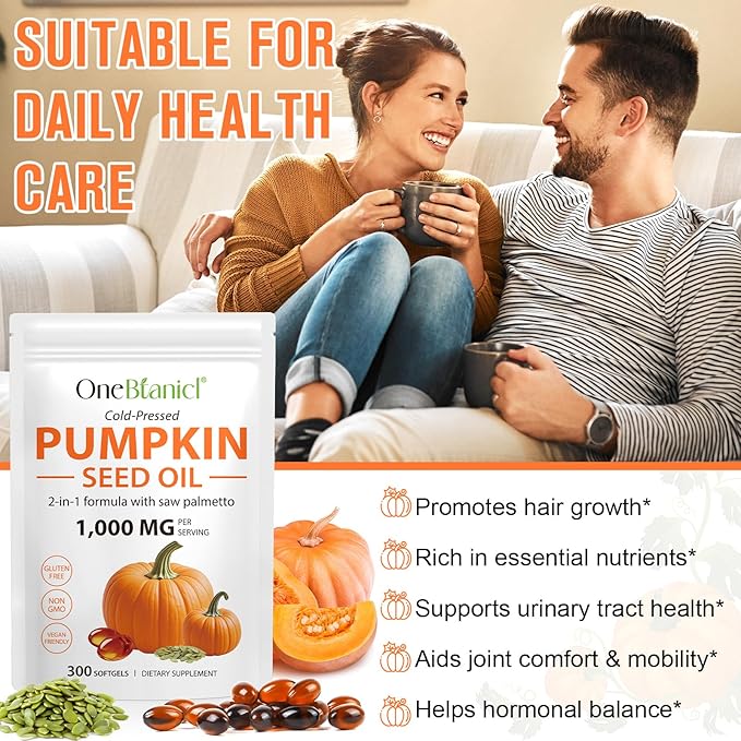 Pumpkin Seed Oil with Saw Palmetto, 2-in-1 Formula 300 Softgels, Cold Pressed, Pure Virgin Oil, Supports Hair, Urinary, Bladder & Prostate Health, Non-GMO