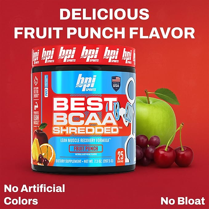 BPI Sports Best BCAA Shredded - Caffeine Free Thermogenic Recovery Drink, Lean Muscle Building BCAA Powder for Women and Men, Preworkout BCAAs Amino Acids Drink- Fruit Punch - 25 Servings