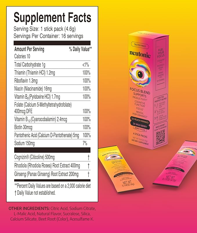 Neutonic Nootropic Focus Blend Powder | Peach Mango & Wild Berry 4 Sticks | Caffeine Free, Zero Sugar | Support Memory, Mental Clarity, Cognitive Function | Boost Focus, Energy, Brain Health