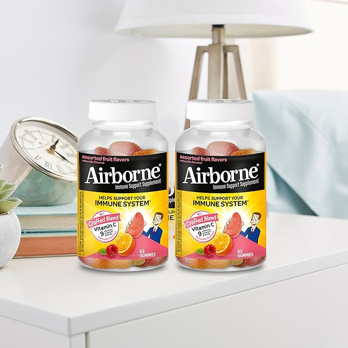 Airborne 750mg Vitamin C Gummies for Adults, Immune Support Gummies with Powerful Antioxidants VIT C & E, Caffeine Free - 2x63ct Bottle (42 Servings), Assorted Fruit Flavor