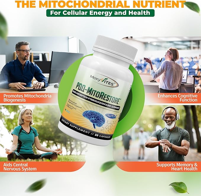 PQQ MITORESTORE Brain Supplements for Memory and Focus - Mitochondria Supplement with BioPQQ 20mg - Purest Form NOT Chemically Synthesized, Cognitive and Heart Support - 30 Vegan Capsules, Non GMO