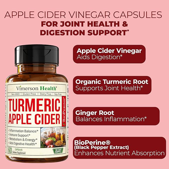 Turmeric Supplement and Organic Apple Cider Vinegar Capsules with Ginger for Joint Health, Metabolic & Digestive Support. Premium Turmeric Apple Cider Vinegar Supplements. Non-GMO. Vegan. 60 ACV Caps
