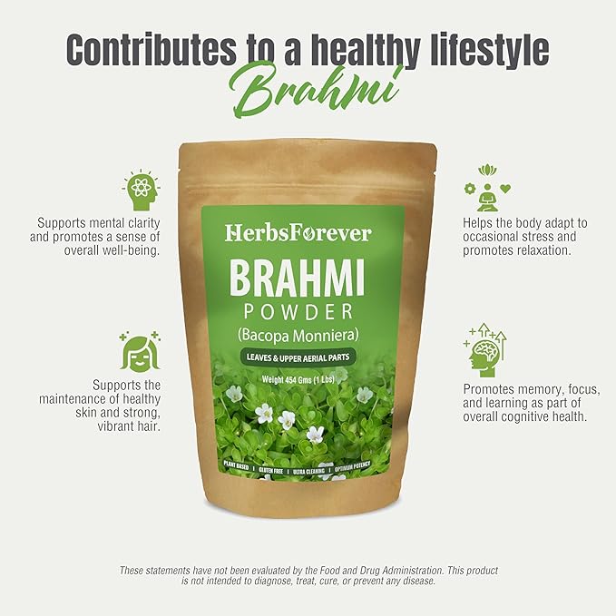 Brahmi Powder I 100% Pure Bacopa Monnieri I Natural Herbal Supplement – Non-GMO, Vegan, Gluten-Free I Supports Wellness – Premium Quality 454 GMS