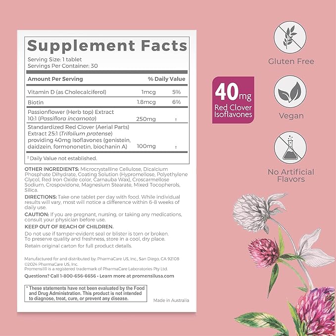 Promensil Perimenopause Supplements for Women- Red Clover Isoflavones Vitamins, Helps Support Hot Flashes, Night Sweats, Restlessness, Contains Biotin & Vitamin D- 30 Tablet Count, Pack of 2