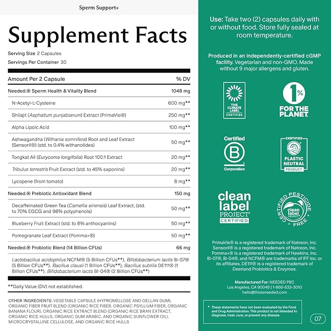 Needed. Sperm Support - Fertility Supplements for Men - Clinically Studied Botanical Ingredients for A Whole Body Approach to Male Fertility - Prenatal Vitamins - 60 Capsules, 30 Day Supply