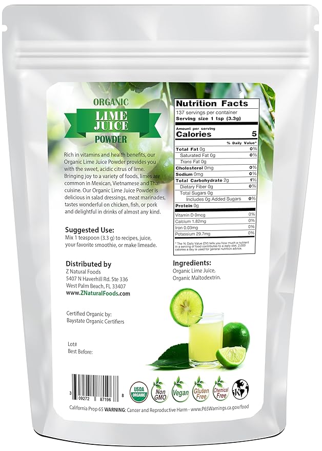 Organic Lime Juice Powder - Superfood Drink Mix Supplement For Drinks, Baking Cooking Recipes - Non GMO, Vegan, Gluten Free, Kosher - 1 lb