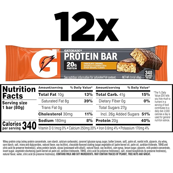 Gatorade Whey Protein Bars, Chocolate Caramel, 2.8 oz bars (Pack of 12, 20g of protein per bar)