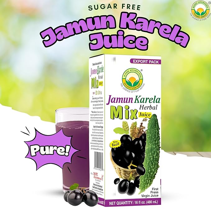 BASIC AYURVEDA Jamun Karela Herbal Mix Juice | Made with Indian BlackBerry & Bitter Gourd | Natural Herbal Blend for Skin & Eye Care | Supports Oral Health & Cleansing | 16.23 Fl Oz (480ml)