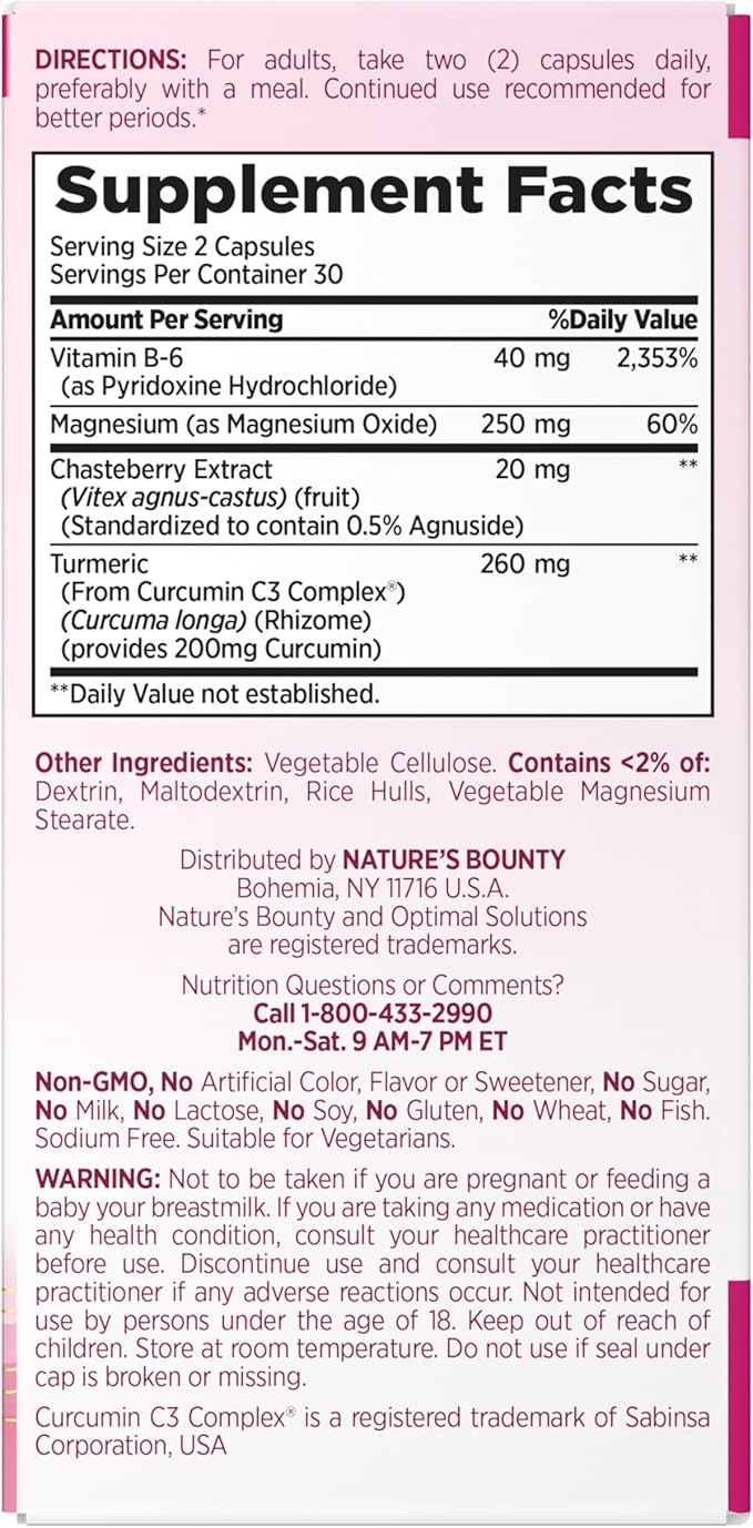 Nature’s Bounty Optimal Solutions Advanced PMS Relief for Menstrual Cycle Support, PMS Support Supplement for Women, Bloating Relief – Chasteberry, Hormone-Free, 60 Vegetarian Capsules