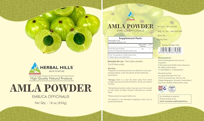 HERBAL HILLS Amla Powder 454 GMS Indian Gooseberry Emblica Officinalis Rich in Antioxidant (16 Ounce Pack of 1)