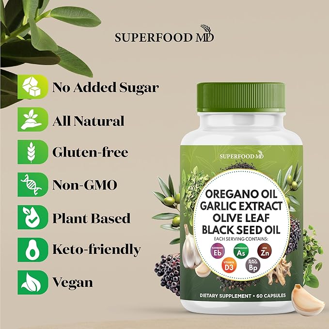 Oregano Oil, Garlic Extract, Olive Leaf, Black Seed Oil, Astragalus-Immune Support & Digestive Health Supplement for Women and Men- 120 Count