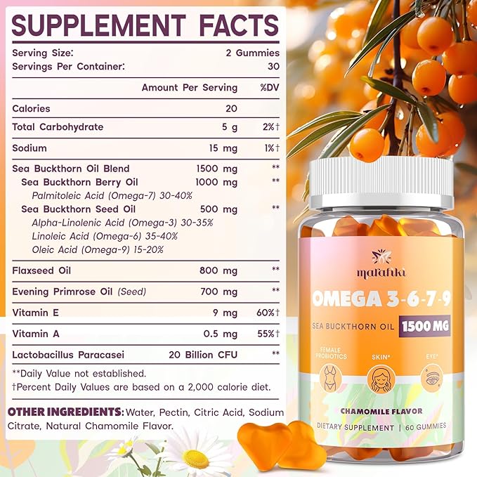 Omega 3 6 7 9 Gummies for Women - Omega 3 Supplement with Sea Buckthorn Oil, Flaxseed Oil, Vitamins E, A & Probiotics - Skin, Eye & Dryness, Chamomile Flavor - 60 Gummies