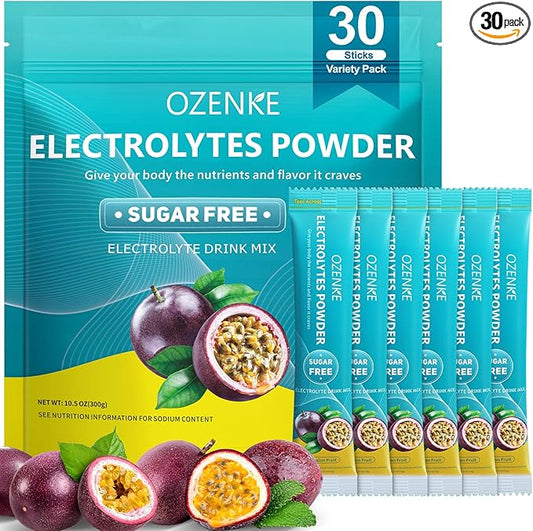 Electrolytes Powder Packets, 30 Sticks Hydration Packets Sugar Free, Electrolyte Drink Mix Portable Electrolyte Packets for Rapid Hydration, 0 Sugar & 0 Calorie, Passion Fruit Flavor