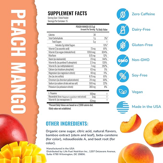 Electrolytes Powder Packets with 13 Essential Nutrients, Improve Energy & Focus, 100mg L-Theanine Nootropics, Non-GMO, Vegan, Gluten Free, Peach Mango Drink Mix, (15 Pack)