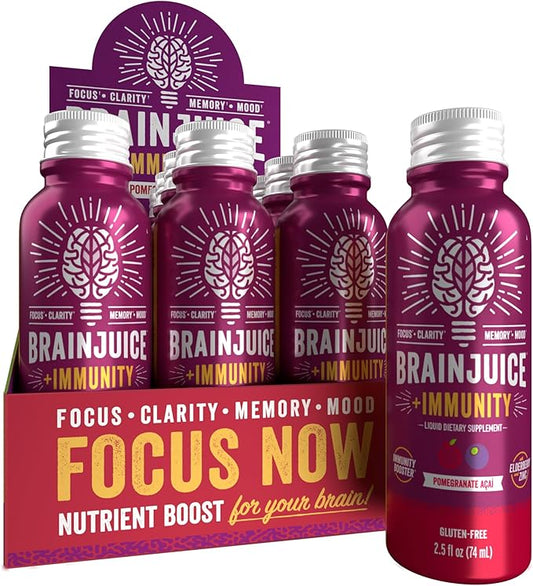 BrainJuice Brain and Immune Support Shot, Gluten Free Supplement Shots for Energy, Focus, Immunity with Vitamin D, C B, Alpha GPC & Organic Ginger Root, Pomegranate Acai, 2.5 fl oz, 12 Pack