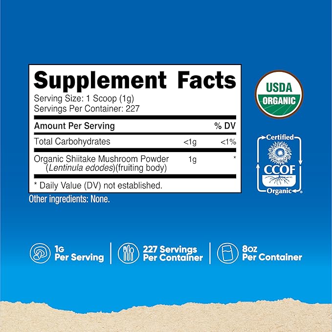 Nutricost Organic Shiitake Mushroom Powder 8oz - 100% Organic Certified, Gluten Free, Non-GMO