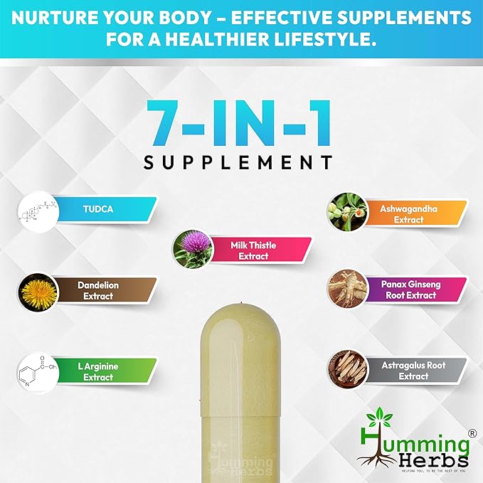 TUDCA Supplement 7in1 Complex with Milk Thistle, L-Arginine, Ashwagandha, Dandelion, Astragalus Root – 120 Capsules