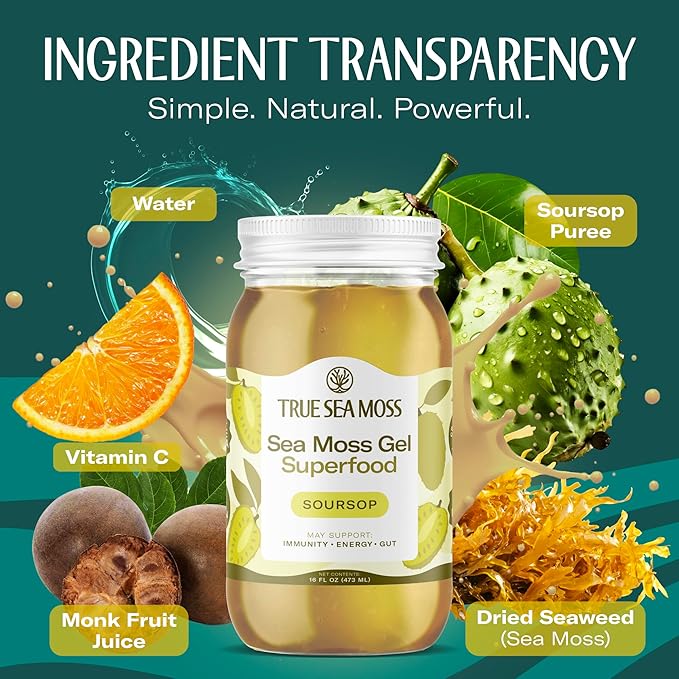 TrueSeaMoss Sea Moss Gel – Made in USA – Wildcrafted Seamoss, Fresh Fruits & Sea Vegetables – Soursop, Pack of 1 (Labels may Vary)