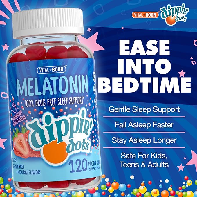 Dippin' Dots - Melatonin Sleep Support Gummies (120 Count) Strawberry Sunset Creme Flavor Chews | 2.5mg Per Gummy Sleep Supplement for Children and Adults | Supplement for faster Faster & Longer Sleep