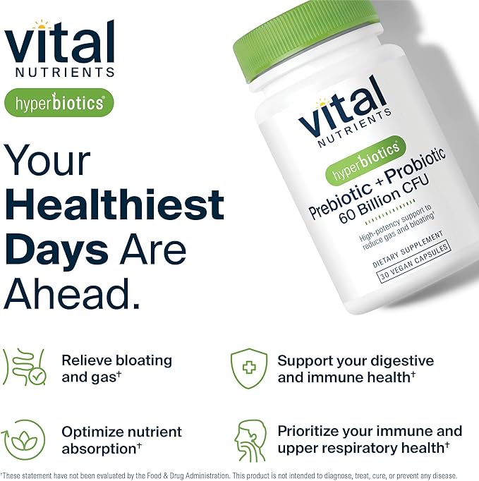 Hyperbiotics Vital Nutrients Prebiotic and Probiotic for Women and Men | 60 Billion CFU | Pre and Probiotics Supports Digestive Health, Constipation, Diarrhea, Gas & Bloating* | 30 Vegan Capsules