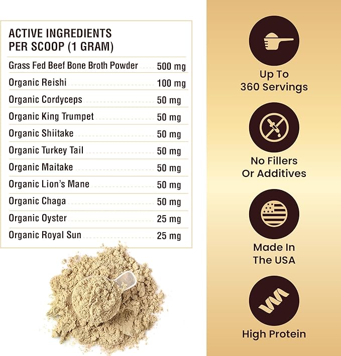 Beef Bone Broth for Dogs - Dog Bone Broth Powder with Ten Organic Mushrooms - High Protein + Ten Mushroom Supplement for Joint Flexibility, Immune Support, Cognition, Vitality, Hydration - 180 Scoops