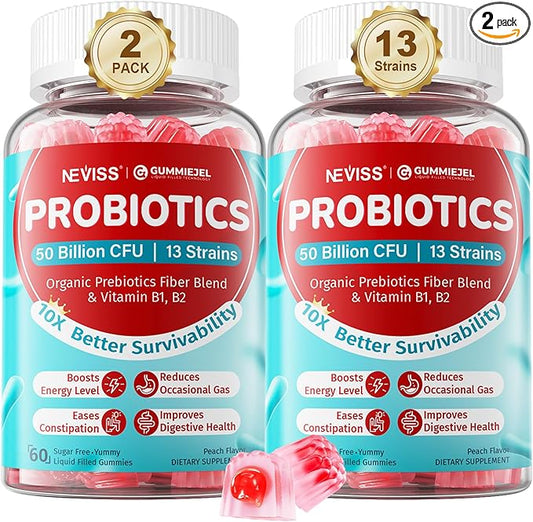Probiotic + Prebiotic Gummies for Adults & Kids 4+, Sugar Free Chewable Probiotic 50Billion CFUs w/Fiber, Vitamin B1 B2 D3 & Zinc, for Digestive & Gut Health, Boost Microflora Diversity, Vegan 120 Cts