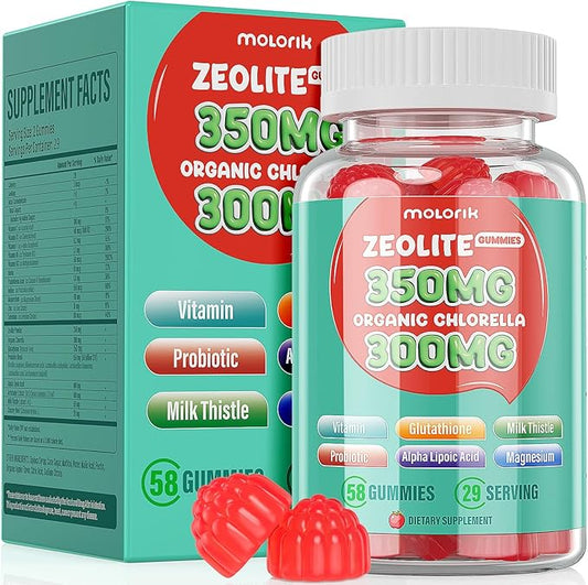 Zeolite Detox for Kids & Adults, 350mg Zeolite Gummies with 300mg Organic Chlorella, Glutathione, Probiotic & Vitamin D3, E, C, B6, B12 for Immune & Gut Support, Apple Gummies, 29 Serving