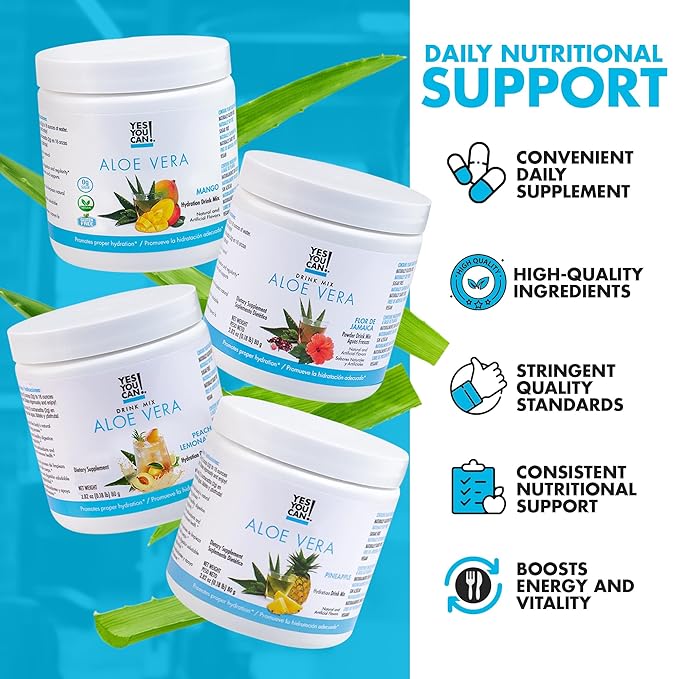 Yes You Can! Organic Aloe Vera Powder Drink Mix - Hydration Booster Infused with Pure Aloe Juice - Delicious Flavors - Made in USA - Antioxidant Rich - Vatiety Flavor - 40 Servings Per Canister (4 Pack)