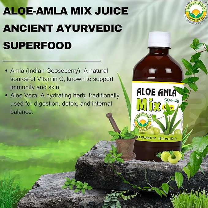 Basic Ayurveda Gooseberry + Aloe Vera Juice – 16.23 Fl Oz (480ml) | 50-Fifty Herbal Mix for Immunity, Digestion & Skin Health | Amla & Aloe Blend | 100% Natural | Daily Ayurvedic Tonic