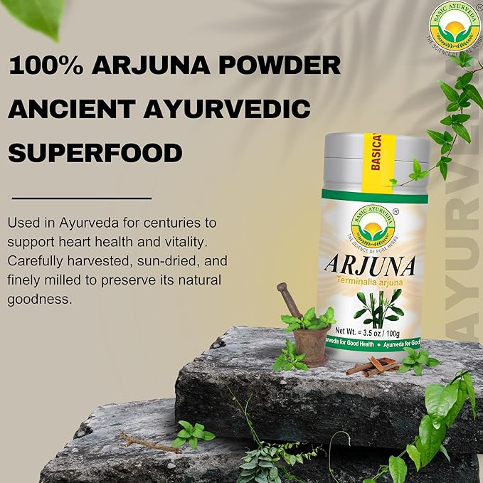 BASIC AYURVEDA Arjuna Bark Powder (Terminalia Arjuna) | Traditionally Used for Heart & Vitality Support | Pure & Natural | Non-GMO, Gluten-Free | 3.53 Oz (100g)