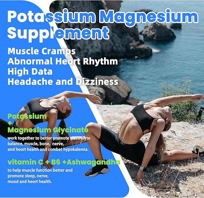 Potassium Magnesium Gummies,Potassium Supplement w/Ashwagandha,High Absorption Magnesium Glycinate,B6,D3,Potassium Citrate for Leg Cramps,Muscle,Electroyte for Adults Kids,Sugar-Free, 60 Gummies