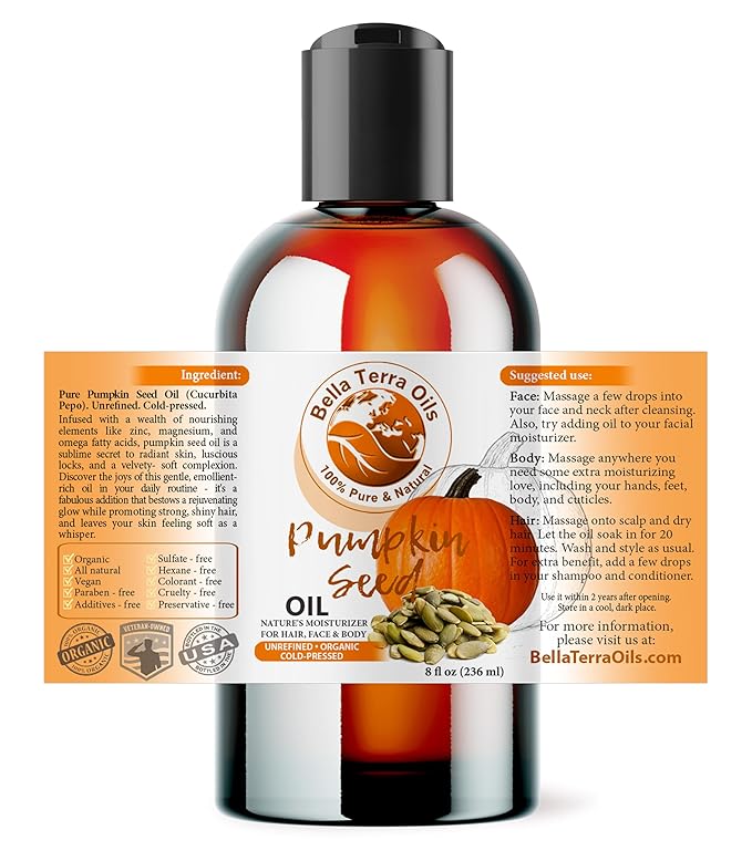Bella Terra Oils Pumpkin Seed Oil 8oz - Organic, Cold-Pressed, Rich in Omega-9 & Essential Nutrients