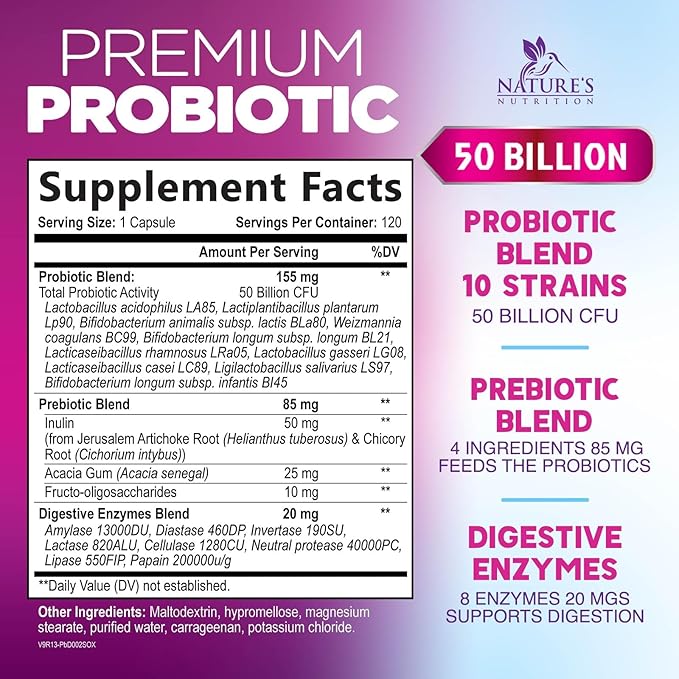 Probiotics 50 Billion CFU per Serving - 10 Strains + Prebiotics - Digestive Health, Gut & Immune Support - Supports Occasional Constipation, Gas & Bloating for Women & Men Shelf Stable - 120 Capsules