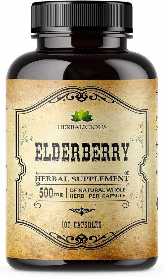 Elderberry Capsules – Natural Black Elderberry Herbal Supplement – Immune Boosters for Adults, Digestive Support, Antioxidants & Vitamin C – Fiber-Rich, Non-GMO – 100 Capsules for Men & Women