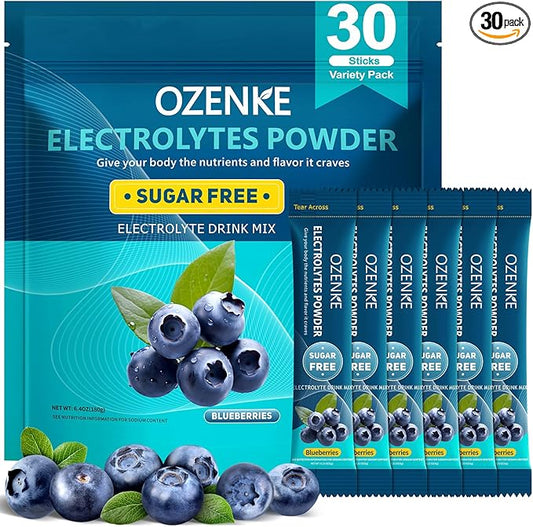 Electrolytes Powder Packets, 30 Sticks Hydration Packets Sugar Free, Electrolyte Drink Mix Portable Electrolyte Packets for Rapid Hydration, 0 Sugar & 0 Calorie, Blueberry Flavor