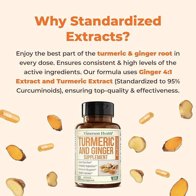 Turmeric Curcumin Supplement with Ginger for Joint Support, Digestive & Gut Health - Contains Organic Turmeric Curcumin with Black Pepper (Bioperine) for Max Absorption - Ginger Root Capsules - 2 Pack