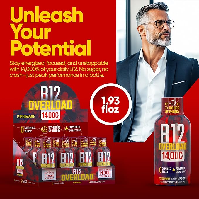 B12 Overload Extra Strength Energy Shot – Pomegranate – 260mg Caffeine, 14000% B12, Electrolytes – Energy & Vitality Support – Zero Sugar No Calories – Vegan, Kosher, Gluten-Free – 1.93 fl oz, 10-Pack