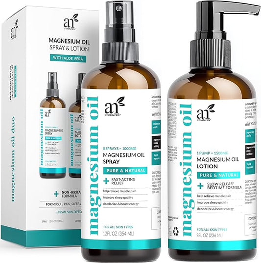ArtNaturals Magnesium Oil Spray 12 oz + Body Massage Lotion Set 8oz for Feet & Sleep - Extra Strength Cream Ultra-Pure, Relief & Relaxation, Muscle Health Leg & Joint Care Topical Non Itch