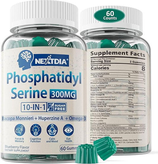 Phosphatidylserine - Nootropic Brian Supplement, Focus & Energy Gummies + Bacopa Monnieri, Omega 3, Huperzine A, Methyl B12 & B6 for Seniors, Gamers, Workers, Non-GMO, Caffeine-Free, Sugar Free,60 Cts