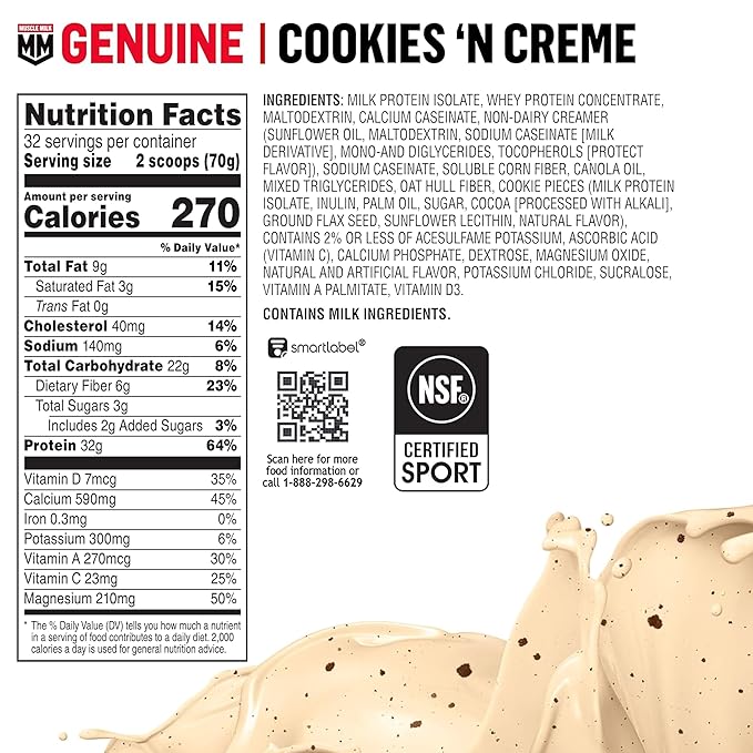 Muscle Milk Genuine Protein Powder, Cookies 'n Crème, 4.94 Pound, 32 Servings, 32g Protein, 2g Sugar, Calcium, Vitamins A, C & D, NSF Certified for Sport, Energizing Snack, Packaging May Vary