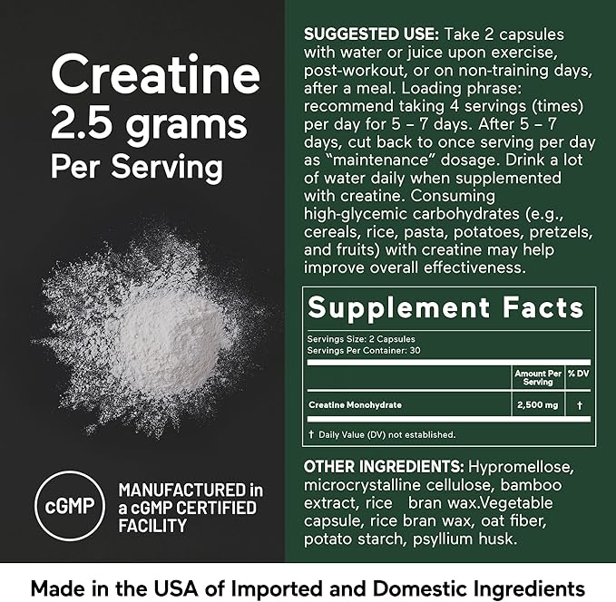 SMARTERNUTRITION Creatine Monohydrate Pills with 2500mg (2.5g) Per Serving, Vegan Capsules - Pre & Post Workout Recovery Support, Promotes Muscle Mass &. Endurance - 60 Count[30-Day Supply]