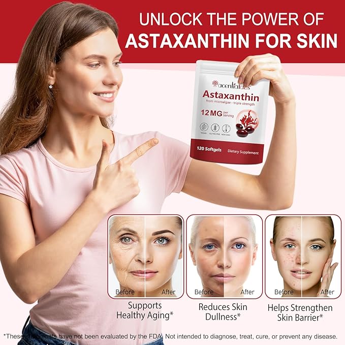 Astaxanthin Supplements 12mg 120 Softgels, Premium Astaxanthin Antioxidant Supplement, Supports Eye, Skin, Joint, Brain, Heart & Immune System Health, Fresh Microalgae Source, Non-GMO & No Gluten