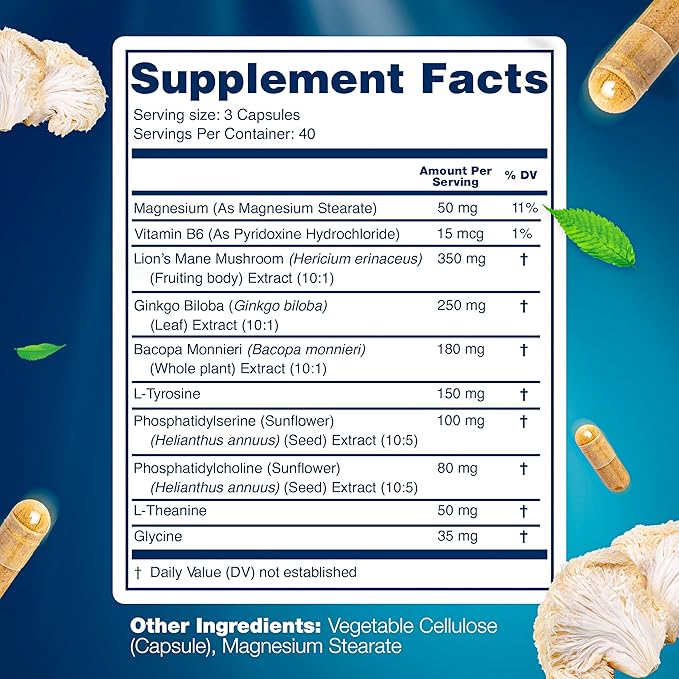 Organic Lions Mane Supplement Capsules - 240 Real Mushrooms Lion's Mane Capsules with Ginkgo Biloba Herb, Bacopa Monnieri, L Theanine, L Tyrosine - Mushroom Complex for Daily Wellness