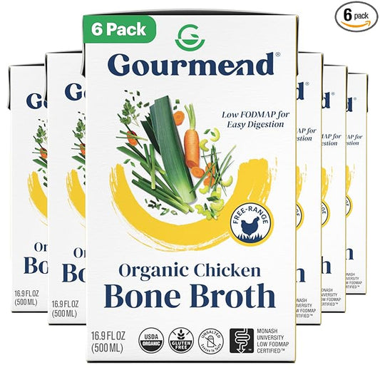 Organic Unsalted 16.9oz Chicken Bone Broth (6 Pack) – 7 Ingredients, Low FODMAP Certified, Filler Free, Gluten Free, Onion & Garlic Bulb Free