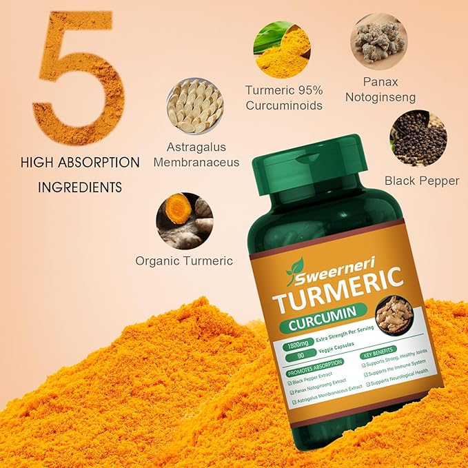 Turmeric Curcumin 1800mg with 95% Curcuminoids & Black Pepper – High Absorption Formula for Joint, Inflammation & Immune Support – Extra Strength, Vegan, Non-GMO – 90 Capsules